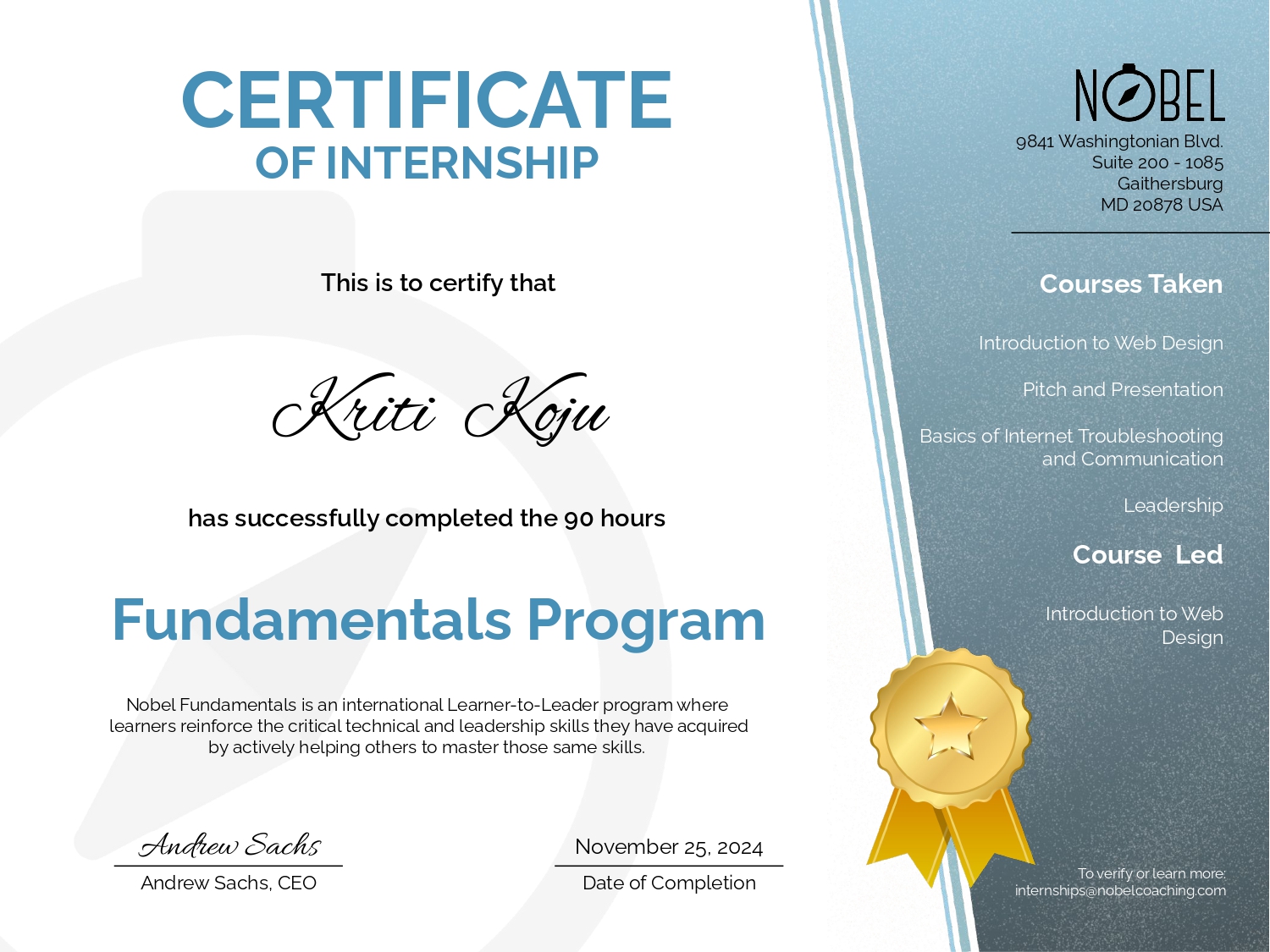 Nobel Internship certificate