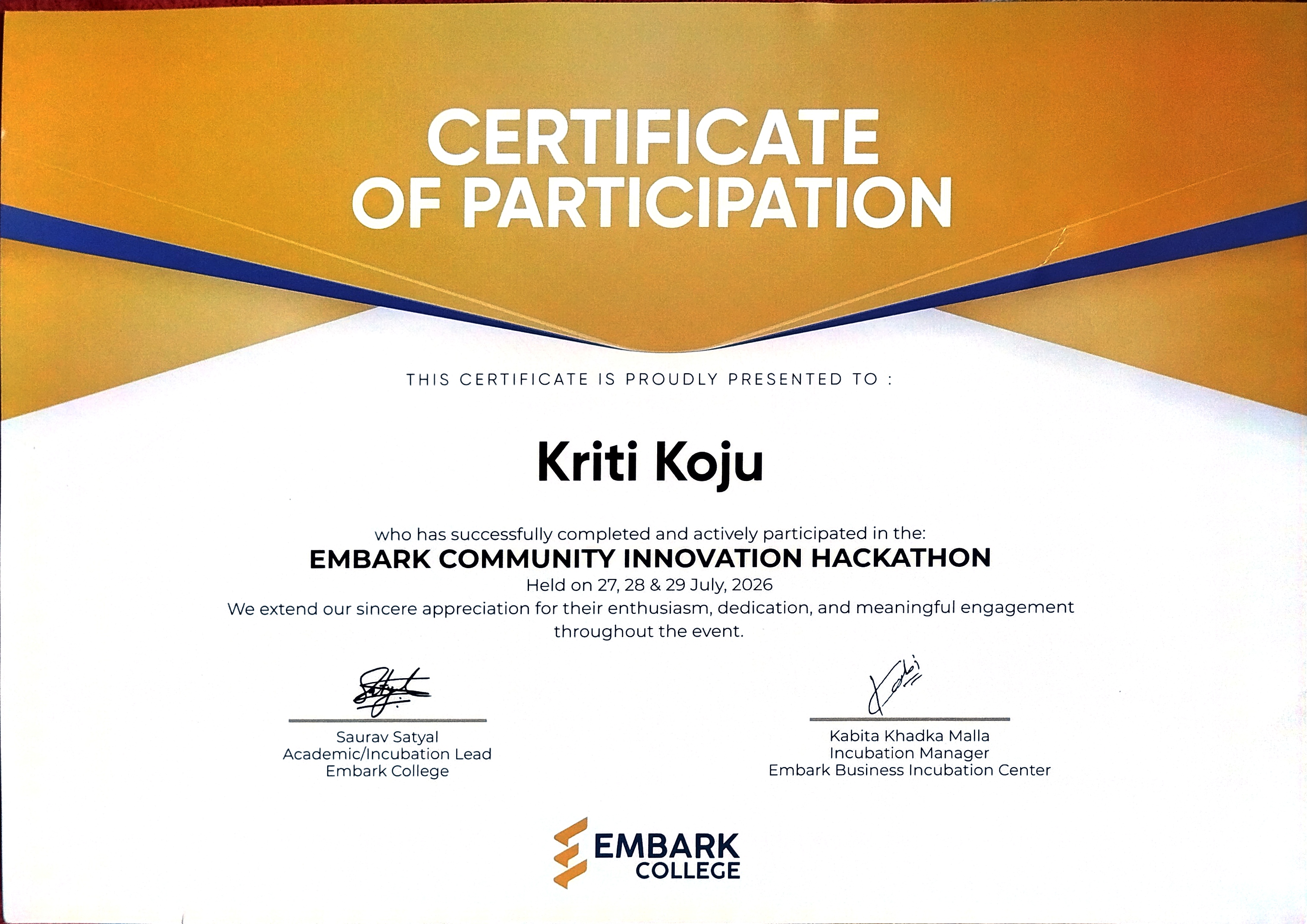 Embark Hackathon certificate
